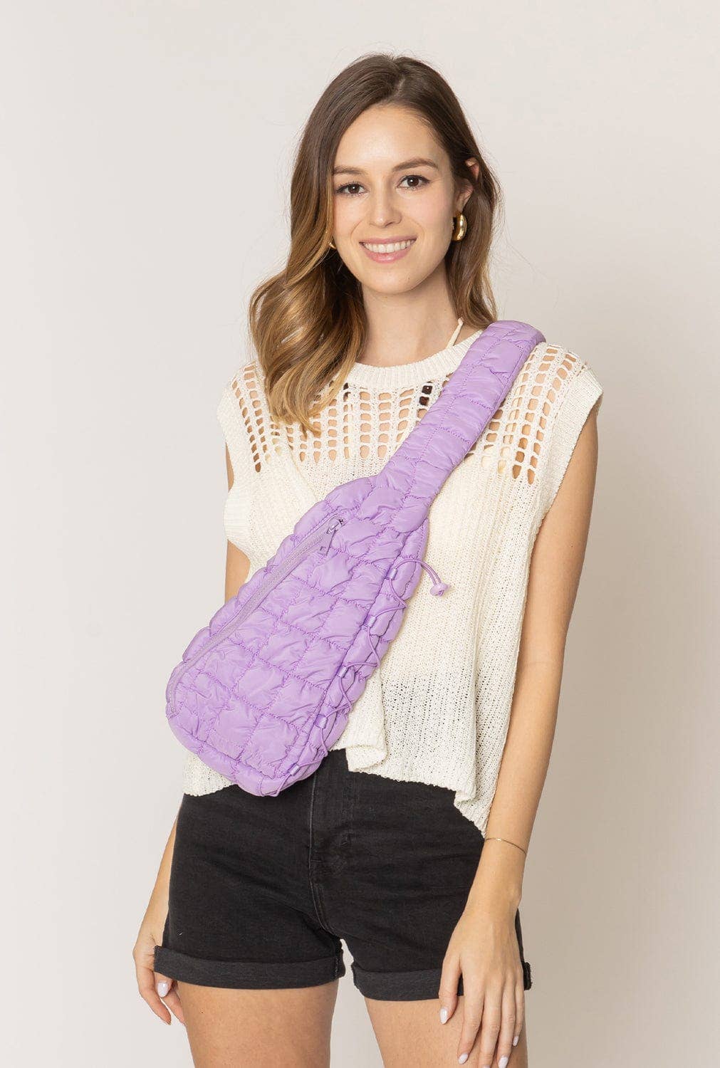 Brielle Quilted Puffer Sling Bag: Lavender