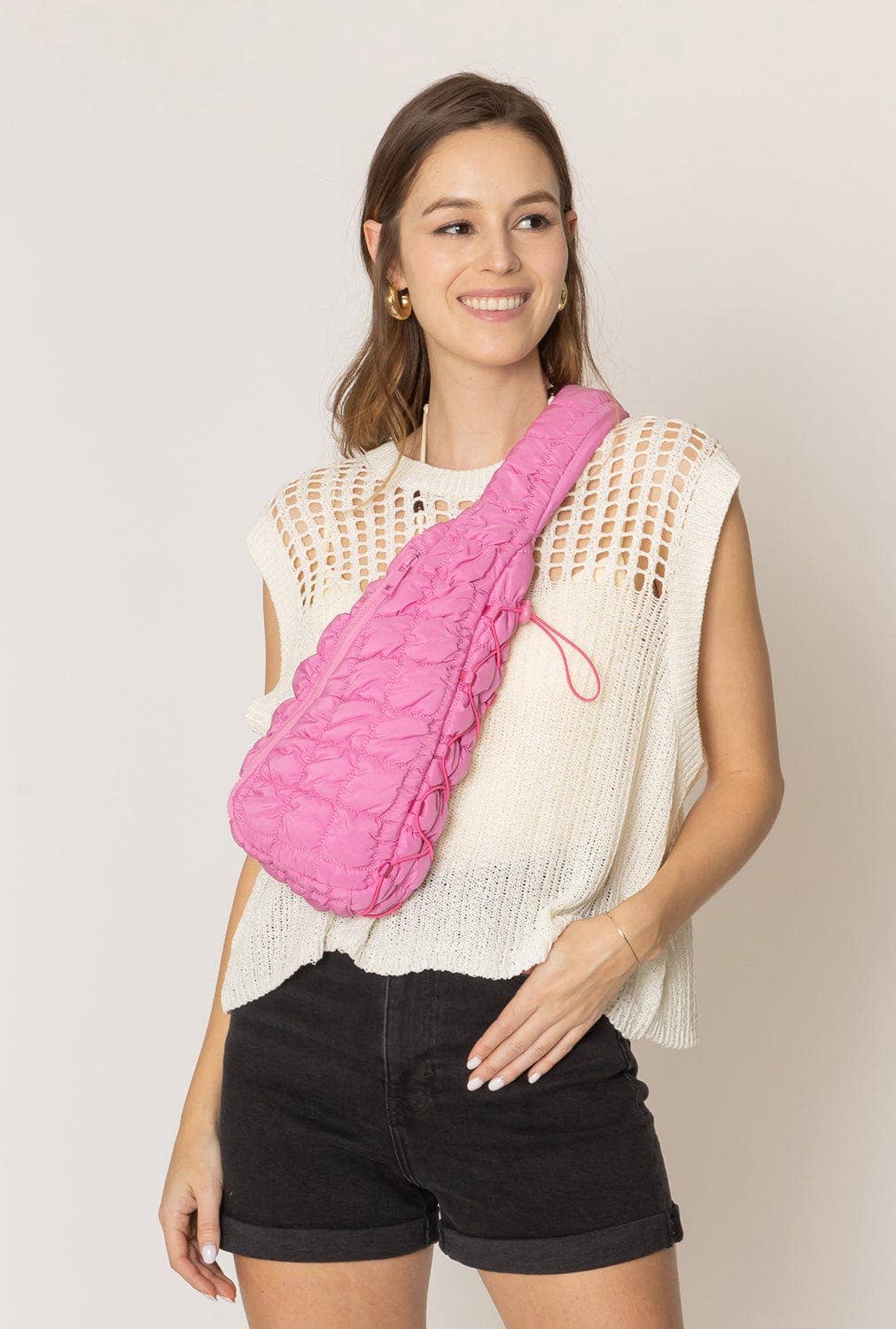 Brielle Quilted Puffer Sling Bag: Pink